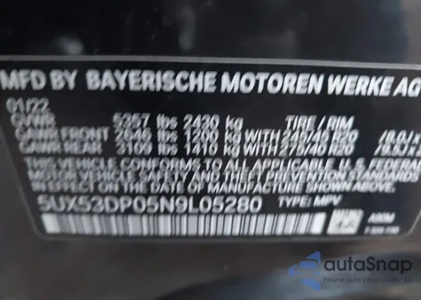 2022 BMW X3 xDrive30I z USA, uszkodzony, nr VIN 5UX53DP05N9L05280